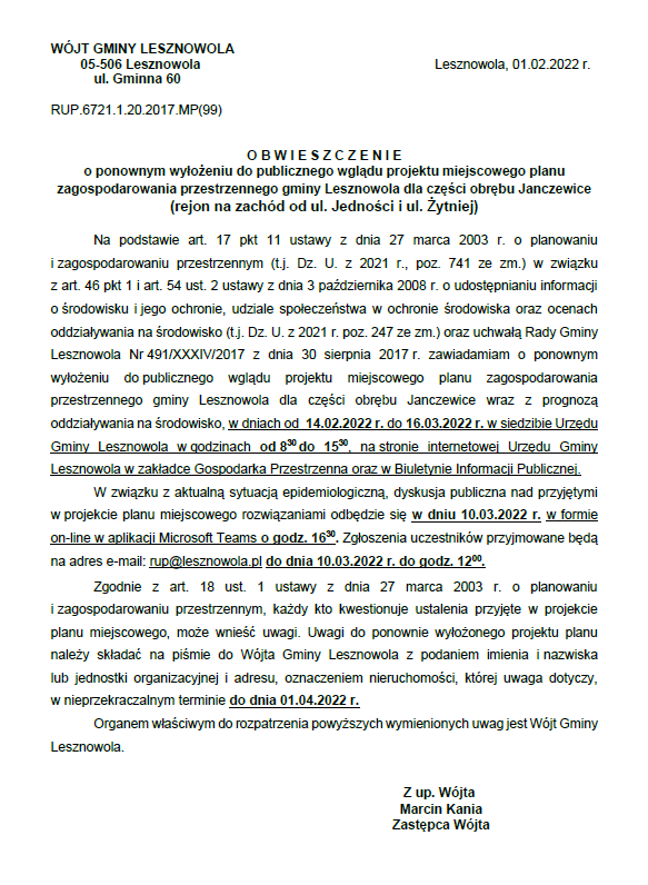 Obwieszczenie o ponownym wyłożeniu do publicznego wglądu projektu mpzp gminy Lesznowola dla części obrębu Janczewice (rejon na zachód od ul. Jedności i ul. Żytniej)
