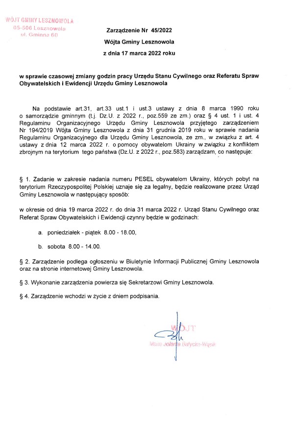 Zarządzenie nr 45 Wójta Gminy Lesznowola z 17 marca 2022 roku